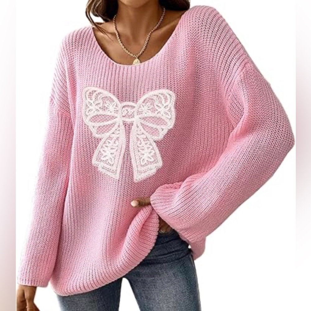🩷 CHICGENES Oversized Sweater with White Bow Design